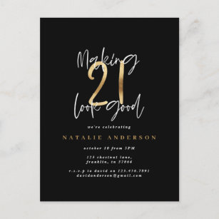Modern 21st birthday typography black and gold postcard