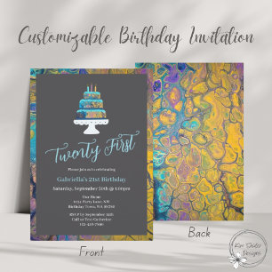 Modern 21st Birthday With Blue Cake Invitation