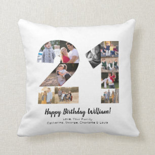 Modern 21st Number Photo Collage Custom Greeting Throw Pillow