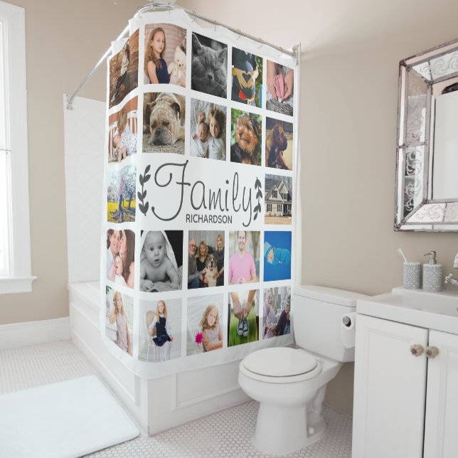 Modern 22 Family Photo Collage & Name Shower Curta (In Situ)