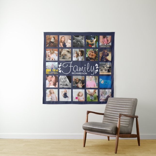 Modern 22 Family Photo Collage & White Laurel Navy Tapestry (In Situ)