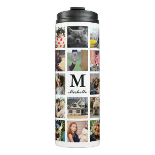 Modern 24 Family Photo Collage with Initial & Name Thermal Tumbler