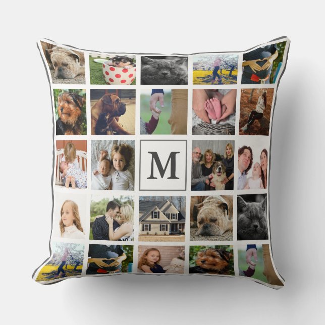 Modern 24 Photo Monogram & Family Name Throw Pillow (Front)