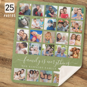 Modern 25 Photo Collage Quote Family Name Green  Sherpa Blanket