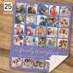 Modern 25 Photo Collage Quote Family Name Purple  Sherpa Blanket