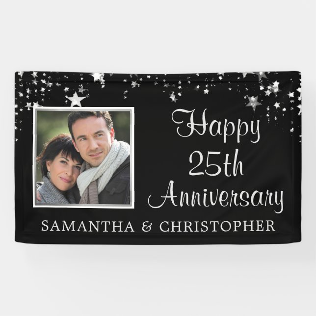 Modern 25th Anniversary Photo Black Silver Stars Banner (Horizontal)