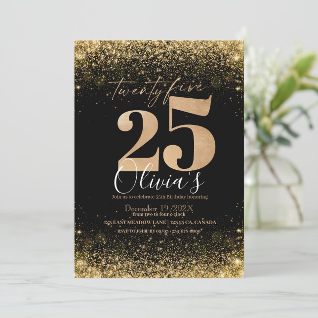 Modern 25th Birthday Party Black Gold Glitter Invitation (Standing Front)