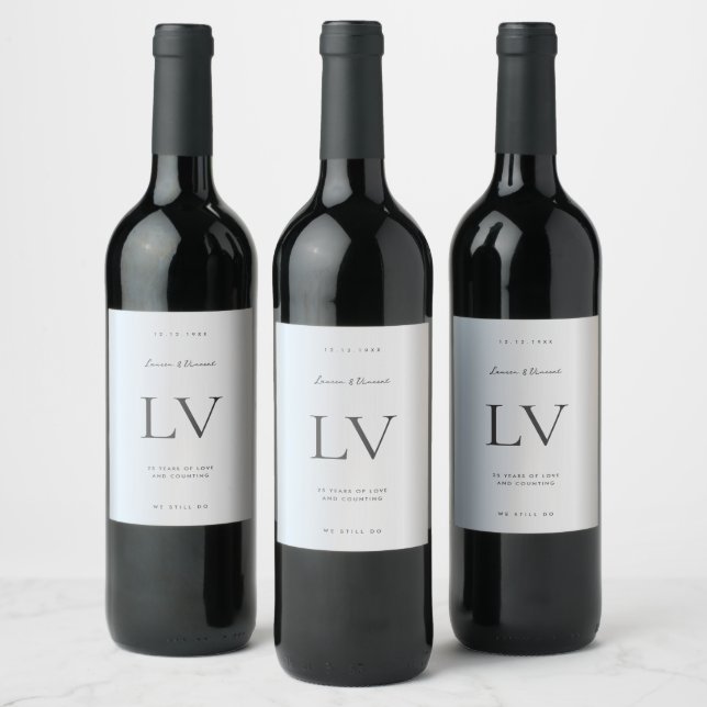 Modern 25th Wedding 25-year Anniversary Silver  Wine Label (Bottles)