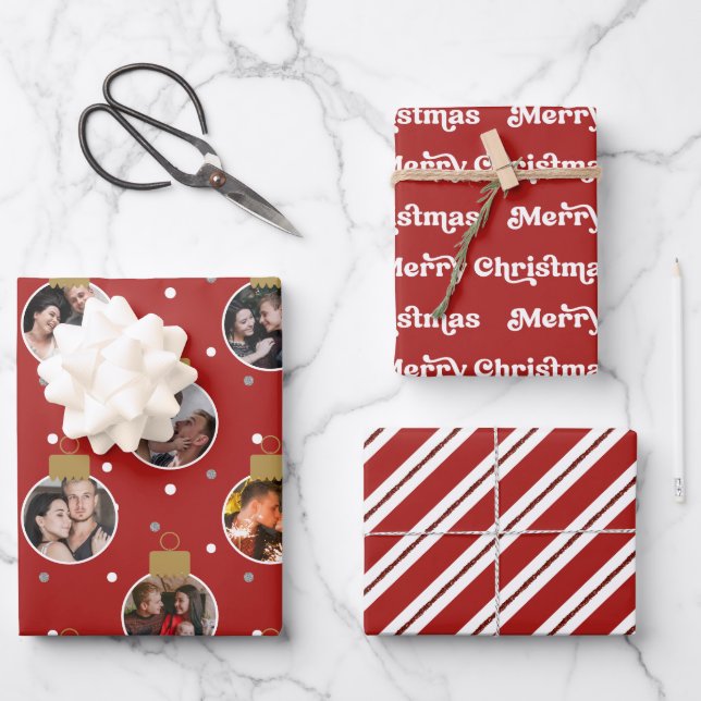Modern 27-Photo Christmas Ornaments Red & White Wrapping Paper Sheet (Front)