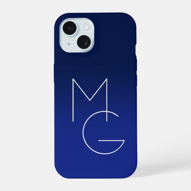 Modern 2 Initials | Deep Blue Ombre iPhone 15 Case (Back)