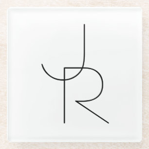Modern 2 Overlapping Initials   Black on White Glass Coaster