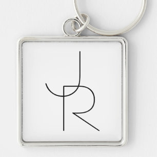 Modern 2 Overlapping Initials   Black on White Keychain
