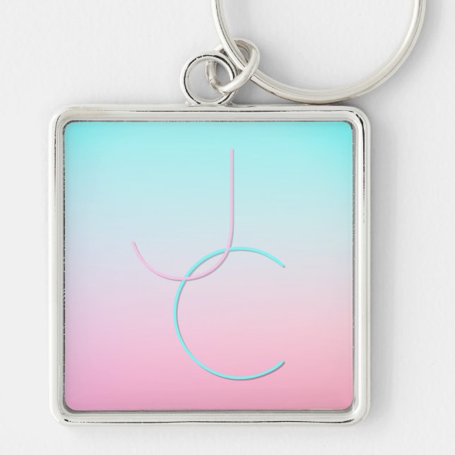 Modern 2 Overlapping Initials | Turquoise Pink Keychain (Front)