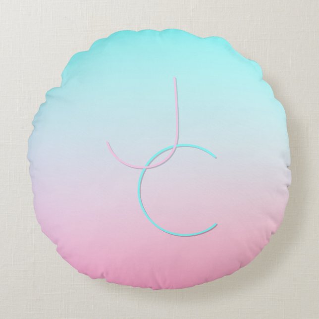 Modern 2 Overlapping Initials | Turquoise Pink Round Pillow (Front)