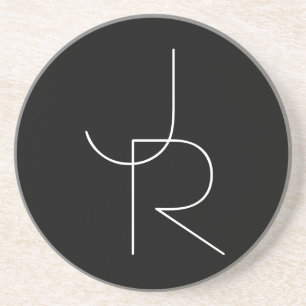 Modern 2 Overlapping Initials White on Black Coaster