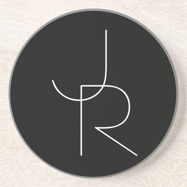 Modern 2 Overlapping Initials | White on Black Coaster (Front)