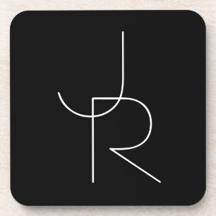 Modern 2 Overlapping Initials   White on Black Coaster