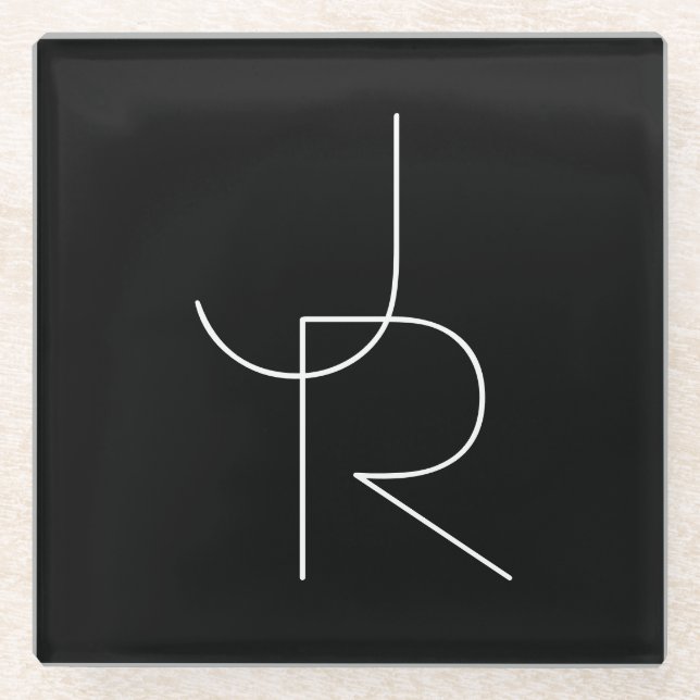 Modern 2 Overlapping Initials | White on Black Glass Coaster (Front)