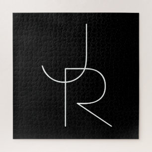 Modern 2 Overlapping Initials   White on Black Jigsaw Puzzle