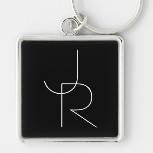 Modern 2 Overlapping Initials White on Black Keychain