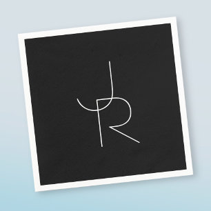 Modern 2 Overlapping Initials   White on Black Napkin
