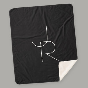 Modern 2 Overlapping Initials   White on Black Sherpa Blanket
