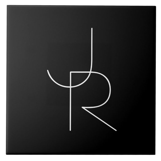 Modern 2 Overlapping Initials | White on Black Tile (Front)