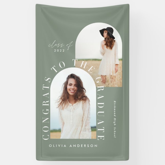 Modern 2 photo arch sage green graduation banner (Vertical)