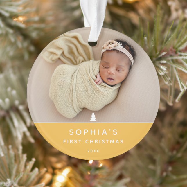 Modern 2 Photo Baby's First Christmas Acrylic Ornament (Tree)