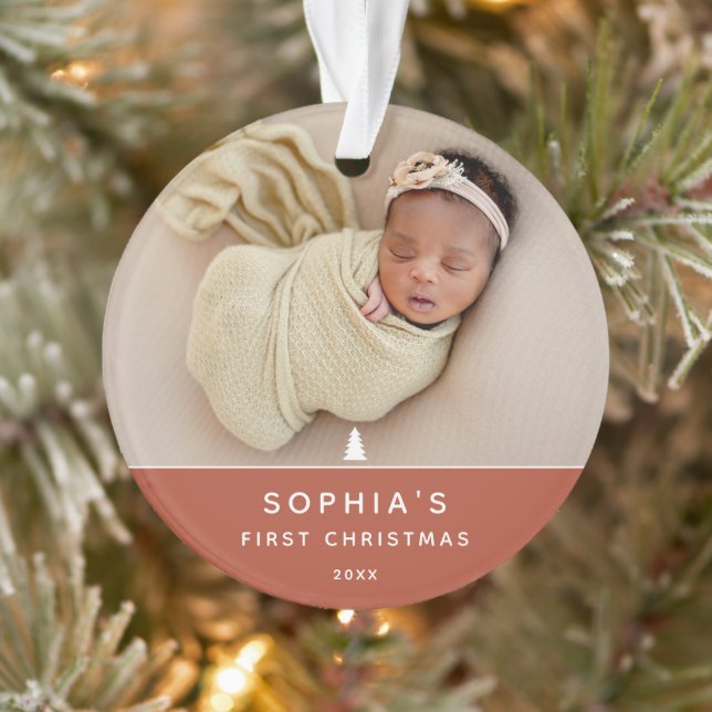 Modern 2 Photo Baby's First Christmas Acrylic Ornament (Tree)