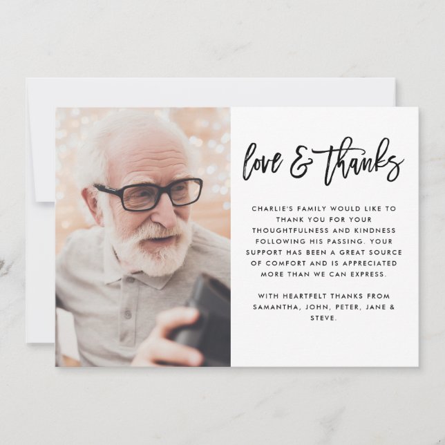 Modern 2-Photo Black Handwritten Script Funeral Thank You Card (Front)