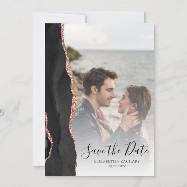 Modern 2-Photo Black Rose Gold Agate Save the Date (Front)