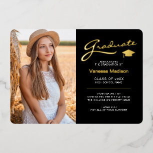 Modern 2 Photo Black White & Gold Foil Grad Card