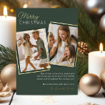 Modern 2 Photo Christmas Foil Holiday Card<br><div class="desc">Stylish christmas card featuring a moss green background,  2 photos for you to replace with your own,  real gold foil borders,  the seasons greetings 'merry christmas',  a personalized message,  and your family name.</div>