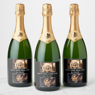Modern 2 Photo Collage Black Happy New Year 2023  Sparkling Wine Label