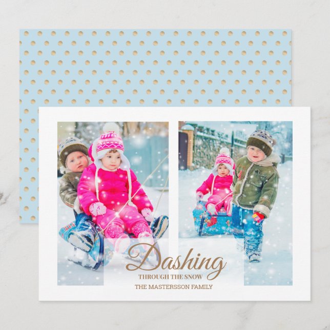 Modern 2 Photo Dashing Through Snow Christmas Invitation (Front/Back)