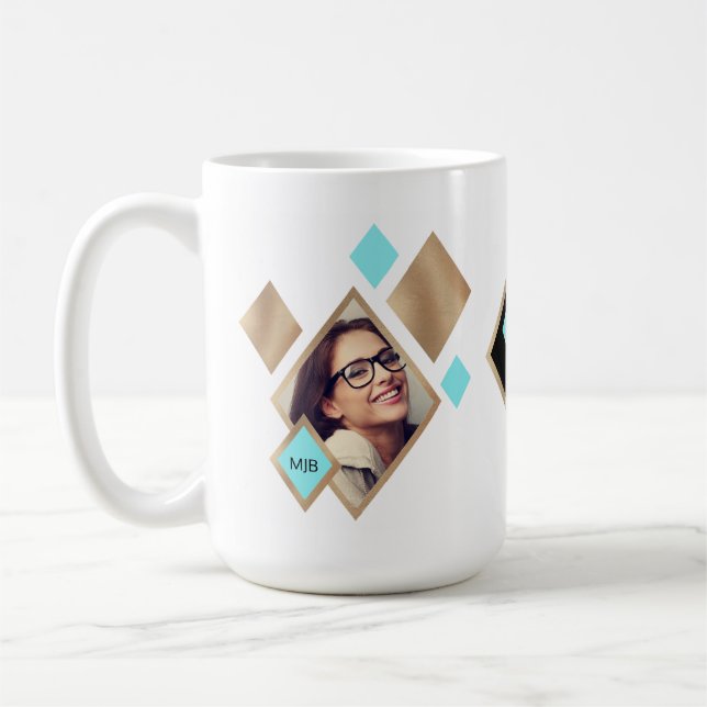 Modern 2 Photo Diamond Geometric with Monogram Coffee Mug (Left)