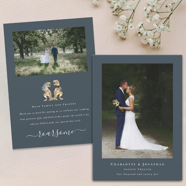 Modern 2 Photo Dinosaur Theme Wedding Thank You Card (Modern 2 photo dinosaur theme wedding thank you charcoal gray flat card Elegant script funny T-Rex)