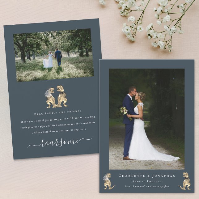Modern 2 Photo Dinosaur Theme Wedding Thank You Card (Modern 2 photo dinosaur theme wedding thank you charcoal gray flat card elegant script fun T-Rex )