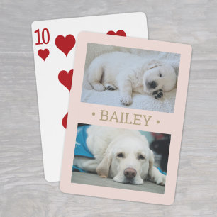 Modern 2 Photo Dog or Any Name Blush Pink and Gold Playing Cards
