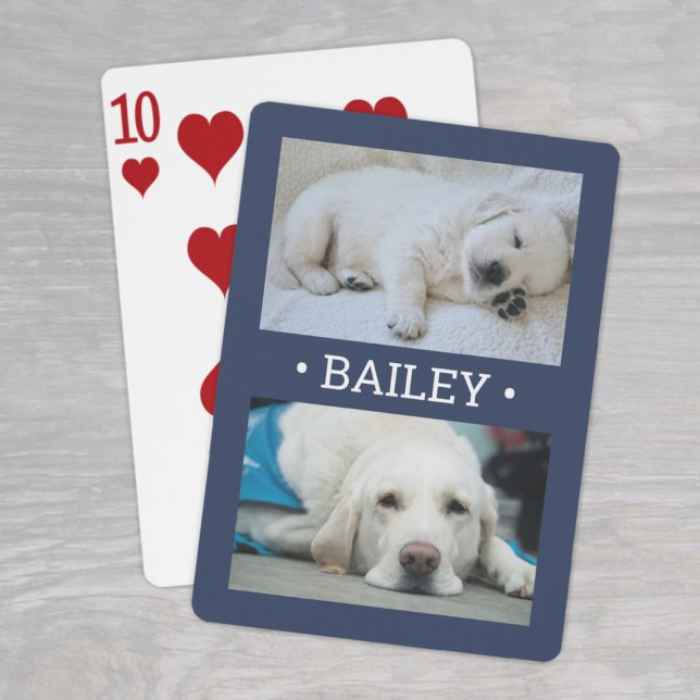 Modern 2 Photo Dog or Any Name Navy Blue and White Playing Cards (Creator Uploaded)