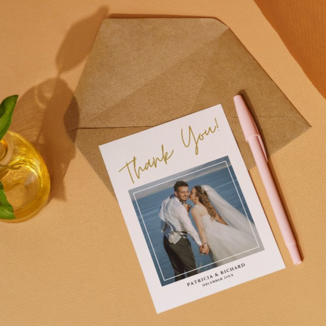 Modern 2 Photo Double Sided Wedding Thank You   (double sided wedding thank you cards with pixtures)