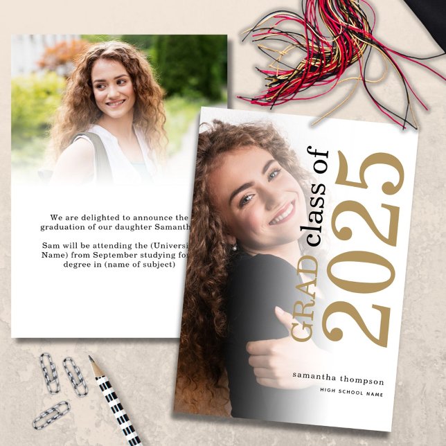 Modern 2 photo Gold Black Text 2025 Graduation Ann Announcement (Front and back view)
