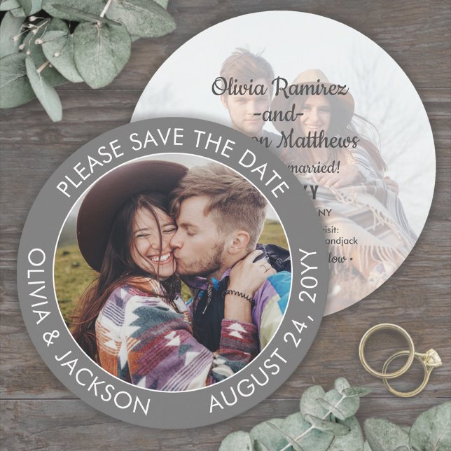 Modern 2 Photo Grey and White Unique Round Wedding Save The Date (Creator Uploaded)