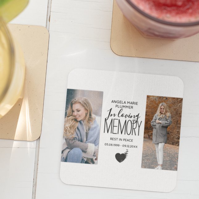 Modern 2 Photo In Loving Memory Tribute Square Paper Coaster (Creator Uploaded)