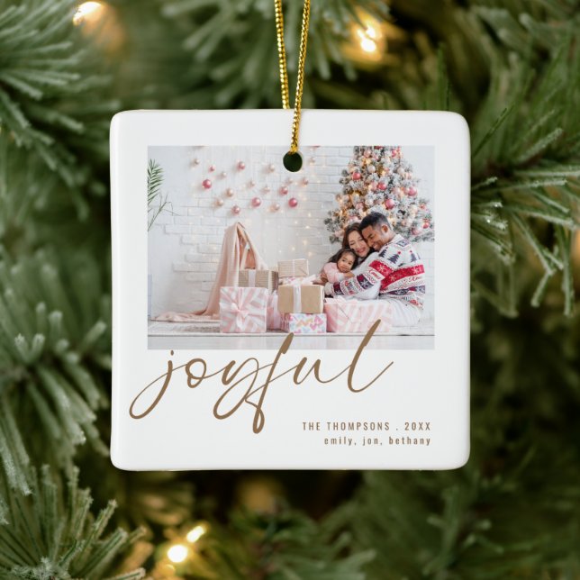 Modern 2 Photo Joyful Gold Script Christmas Ceramic Ornament (Tree)