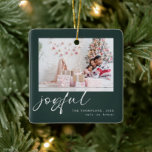 Modern 2 Photo Joyful Script Christmas Green  Ceramic Ornament<br><div class="desc">Modern 2 Photo Joyful Script Christmas Green. Simply replace the sample photos on each side with your own and personalise with your names and the year. Joyful is in a modern playful set script in white which can be changed to another colour if you so wish.</div>