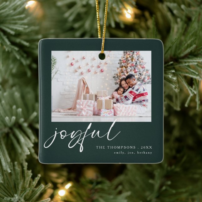 Modern 2 Photo Joyful Script Christmas Green  Ceramic Ornament (Tree)