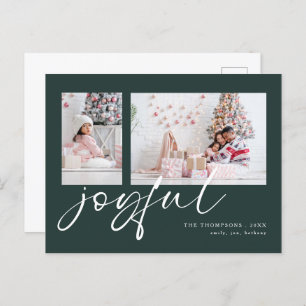 Modern 2 Photo Joyful Script Christmas Green Holiday Postcard
