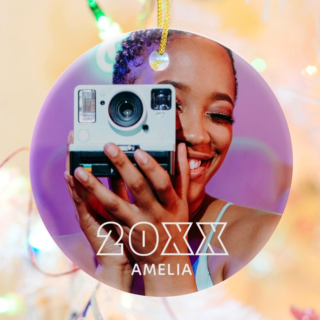 Modern 2 Photo Name Retro Christmas Holiday Ceramic Ornament (Creator Uploaded)